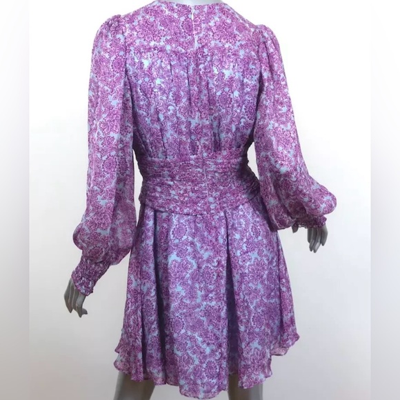 AMUR TWIST-FRONT DRESS PURPLE/BLUE PRINTED SILK CHIFFON SIZE 4 LONG SLEEVE MINI - Picture 5 of 10